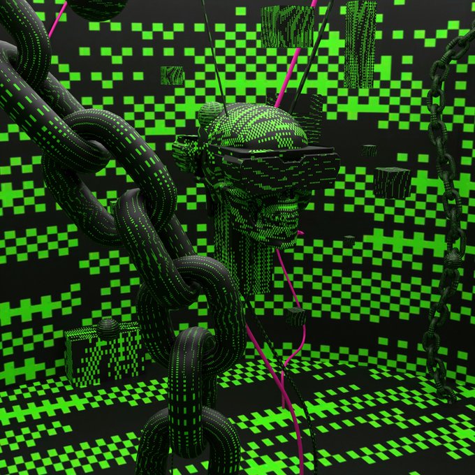 A 3D digital rendering of a classical bust head wearing pixelated sunglasses, surrounded by black chains against a black and neon green pixelated background.