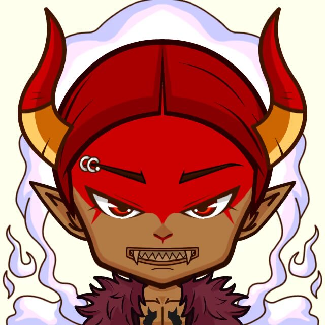 A cartoon-style illustration of a red-skinned demon or oni character with orange horns, pointed ears, sharp fangs, and a purple fur collar, surrounded by wispy flames against a cream background.