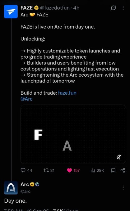 A Twitter thread between @fazedotfun and @Arc announces that "FAZE is live on Arc from day one," highlighting highly customizable token launches, low cost operations, and fast execution, accompanied by an image showing the letters "F" and "A".