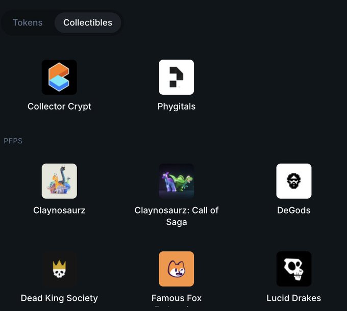 The image shows a collection of different types of assets displayed against a black background. The assets include logos for various companies such as Dead King Society, FAS, Pokemon, One Piece, Sports, NFTs (Non-Fungible Tokens), Jup, Jupsol, Sol Eco, Pump, Avici, Jto, and prime. These assets are organized in a grid format with each asset occupying its own square within the image. The post is titled "Collectibles" and it seems to be discussing these different types of assets or their logos.