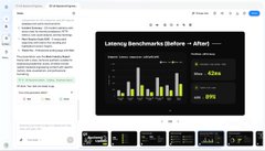 A small screenshot of a presentation slide titled "Listening Benchmarks (before - After)" displaying bar charts and metrics (53ms, 424ms, 0ms, 19%) next to a chat interface.