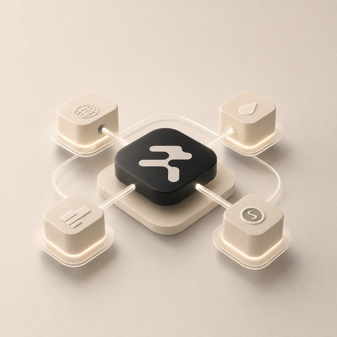 A 3D rendered illustration showing a central black cube with a circuit-style symbol, connected by glowing tubes to four surrounding white cubes bearing various icons (globe, shield, bar chart, and an 'S' logo), suggesting a network or data hub.