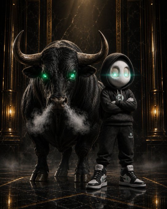 A masked figure in streetwear stands beside a menacing black bull with glowing green eyes in an opulent marble hall, evoking the "bullish" crypto energy tied to the post's hype around $SOL and the $ANSEM token.