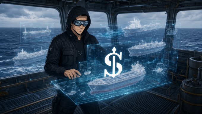 A futuristic figure in black tactical gear and sunglasses using a holographic interface displaying ship schematics and a dollar sign symbol.