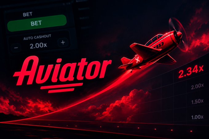 Aviator game promotional graphic featuring a red airplane flying through a cloudy sky with a betting interface showing 'BET', 'AUTO CASHOUT 2.00x', and a multiplier at 2.34x.