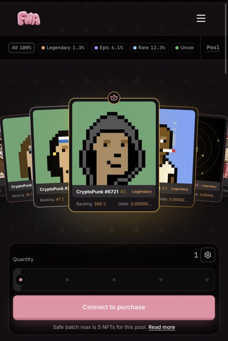A pink-themed NFT marketplace called 'FWN' displaying a carousel of CryptoPunk NFTs, with CryptoPunk #6721 featured as a Legendary item with 300 backing.