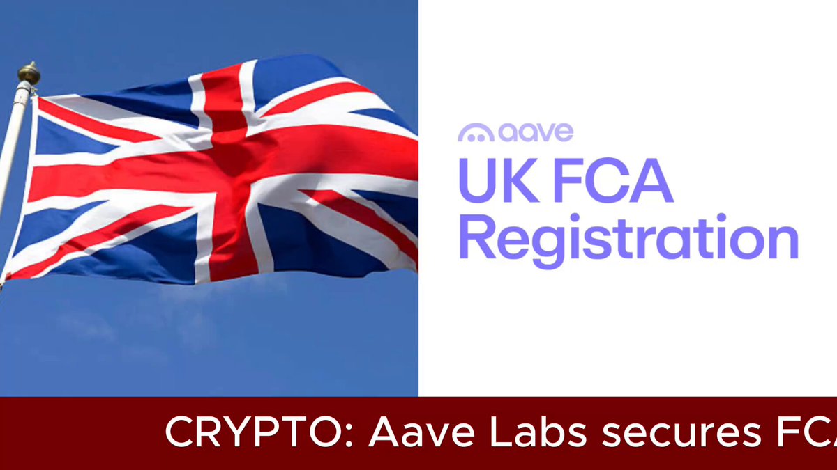 The image features a British flag flying high above a white banner that reads "UK FCA Registration". The text on the banner states, "Aave Labs Secures Huge Achievement in the UK... @Aave Labs' UK subsidiaries, Push Labs Ltd., and Push Virtual Assets Ltd." This suggests that Aave Labs has been recognized for their achievements in the UK, possibly through a cryptocurrency exchange.