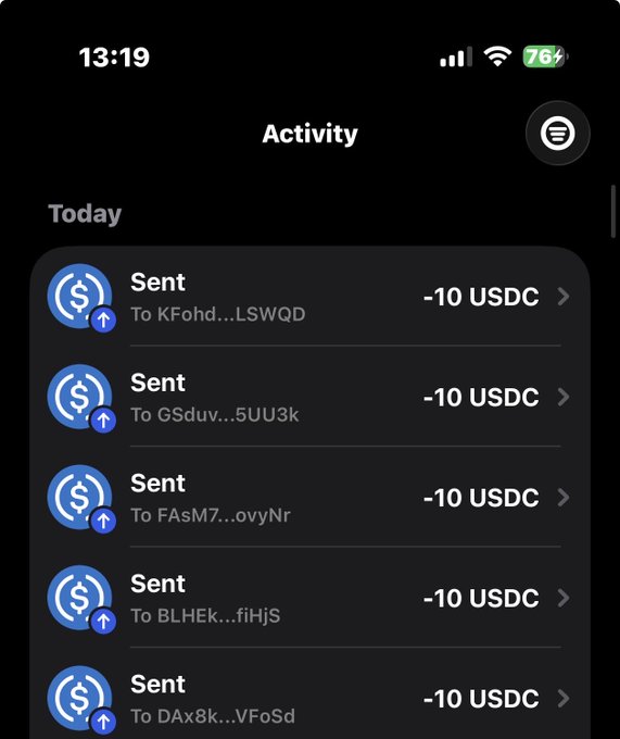 The image shows a mobile crypto wallet's Activity page displaying five "-10 USDC" transactions sent to different recipients (KFohd...LSWQD, GSduv...5UU3k, FAsM7...ovyNr, BLHEk...fiHjS, and DAx8k...VFoSd), confirming the user's claim of sending $10 USDC to each of five followers as promised in the post.