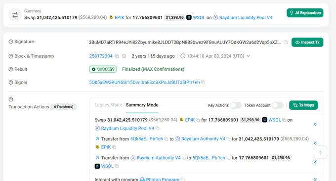An Etherscan transaction summary showing a successful swap of 31,042,425.510179 WSOL ($569,280.04) for 17.766809601 EPIK ($1,298.96) on Raydium Liquidity Pool V4.