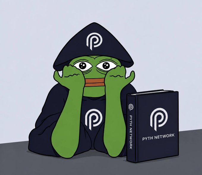 A cartoon green Pepe-like character wearing a black hooded robe with the Pyth Network logo, resting its chin on its hands next to a black book titled "PYTH NETWORK" with the Pyth logo on the cover.