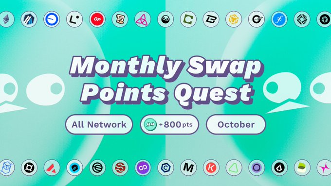A promotional graphic for a 'Monthly Swap Points Quest' on the All Network, offering +800 points in October, surrounded by various cryptocurrency and tech logos.