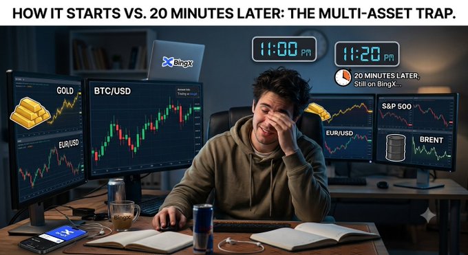 A BingX promotional image titled 'HOW IT STARTS VS. 20 MINUTES LATER: THE MULTI-ASSET TRAP' shows a frustrated trader at multiple monitors displaying BTC/USD, GOLD, EUR/USD, S&P 500, and BRENT charts.