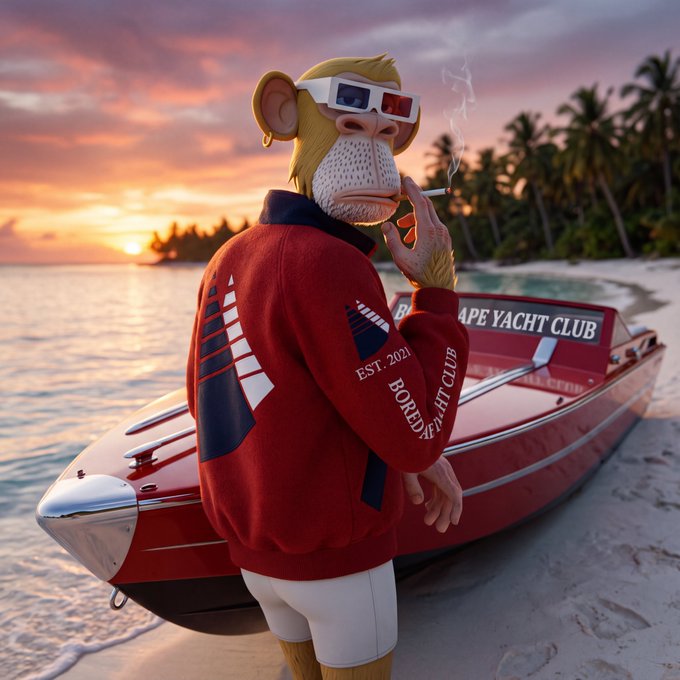 A 3D-rendered Bored Ape NFT character wearing 3D glasses, smoking a cigarette, and dressed in a red 'Bored Ape Yacht Club' tracksuit while standing next to a red yacht on a tropical beach at sunset.
