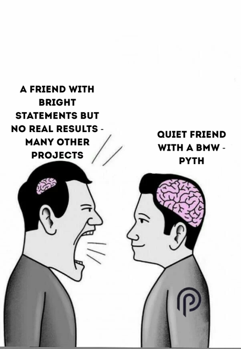The image features two men with brain chips on their heads, engaged in an intense conversation about projects. One man has a brain chip that displays "Pyth Pro" written on his shirt, while the other man's brain chip shows "Cardano". The text above them reads "A friend with bright statements but no real results - many other projects", indicating a comparison between two different approaches to project management or investing in cryptocurrency.