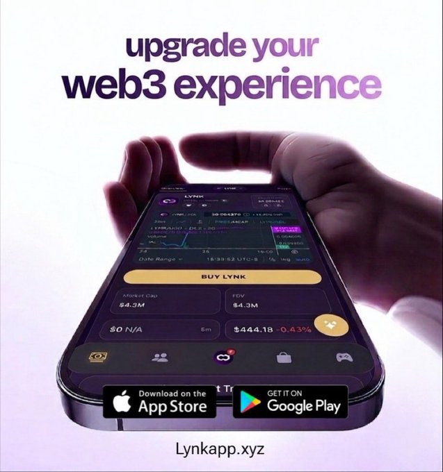 A promotional ad for "the Lynk app" with the headline "upgrade your web3 experience," showing a hand holding a smartphone displaying a trading interface for the $LYNK token (priced at $444.18, market cap $4.3M). The image ties to the caption by showcasing the web3 platform where users can sign up, engage socially, and earn $LYNK token rewards, as the post highlights receiving $27 $LYNK from the Lynk team and a follower.