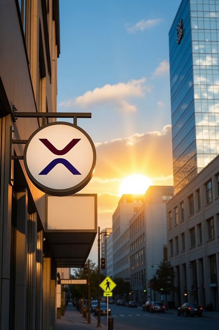 An XRP logo sign on a city street at sunrise, symbolizing a new day and fresh momentum for the XRP community. The rising sun and urban skyline visually reinforce the post's "to the moon" optimism and bullish HODL sentiment.