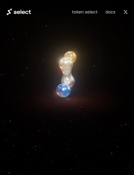 A dark, space-themed webpage header for 'select' featuring the navigation links 'token.select' and 'docs', with three glowing spherical objects—one gold, one silver/pearl, and one blue—floating in the center against a starry background.