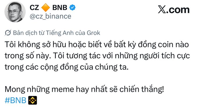 Tweet from CZ BNB (@cz_binance) stating he does not own or know any of the coins mentioned and wishes for the best memes to win, tagged #BNB.