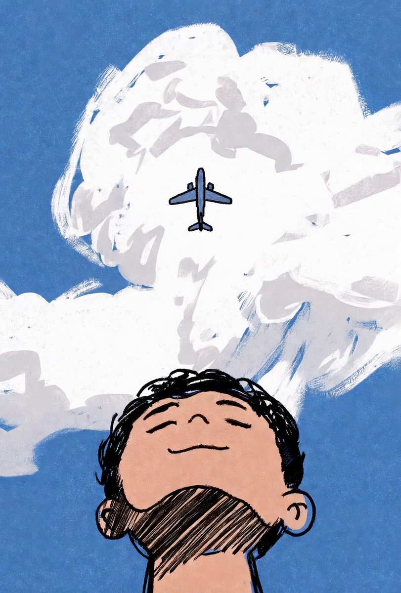 The image features a cartoon illustration of a boy with his eyes closed, looking up at an airplane flying high above him. The scene takes place against a blue sky filled with clouds, creating a sense of wonder and excitement as the boy gazes upwards at the airplane soaring through the sky.