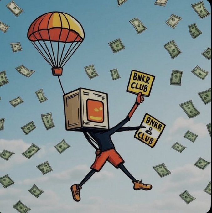 A cartoon figure with a computer monitor for a head parachutes through a sky filled with falling dollar bills while holding up two signs reading "BNKR CLUB." The whimsical illustration playfully reinforces the post's request to @bankrbot, depicting the user "airdrop-claiming" their rewards amid a shower of money.