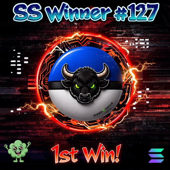 A graphic featuring a black bull logo with green eyes inside a blue and white Poké Ball design, surrounded by orange lightning and the text 'SS Winner #127' and '1st Win!'.