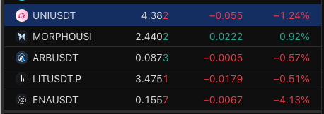 A cryptocurrency price tracking display shows five tokens with their current prices and percentage changes: SUNUSDT at 4.382 (-1.24%), MORPHOUSDT at 2.4402 (+0.92%), ARBUSDT at 0.0873 (-0.57%), LITUSDT.P at 3.4751 (-0.51%), and ENAUSDT at 0.1557 (-4.13%), illustrating the kind of higher-market-cap infrastructure plays mentioned in the post as alternatives to lower-cap "RH trenches" tokens, with most showing modest declines except for MORPHO's notable gain.