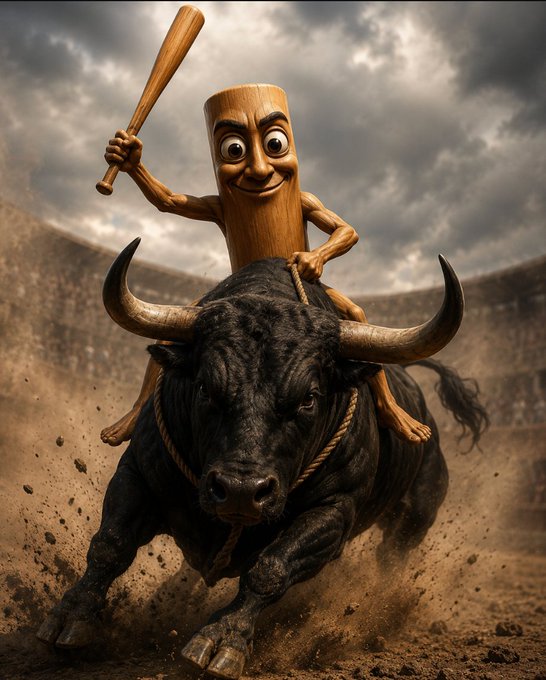 A cartoonish wooden log character with a wide grin wields a baseball bat while riding a charging black bull through a dusty arena, symbolizing aggressive trading or market momentum. The image's bullish imagery ties to the post's call for support of a crypto trader who lost funds to an exploit, framing the request as a rallying cry for the "bull" community to help recover.