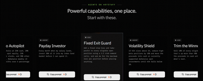 A website interface titled 'AGENTS ON HOTSTUFF' displaying 'Powerful capabilities, one place' with agent options including 'Autopilot', 'Payday Investor', 'Fixed Exit Guard', 'Volatility Shield', and 'Trim the Winnings'.