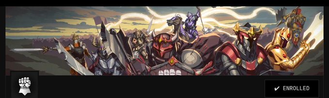 A wide banner of illustrated armored knights and warriors wielding swords and shields in a fantasy setting, with a 'fist' logo in the bottom-left corner and an '✓ ENROLLED' button in the bottom-right.
