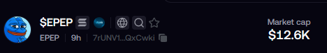 The image shows a cryptocurrency token listing for $EPEP with a 9-hour timeframe, displaying a market cap of $12.6K and matching contract address "7rUNV1HjfCzbtGi3ZbKQ5hYXVjzbAfyCTcgTULQxCwki," confirming the same EPEP token referenced in the post.