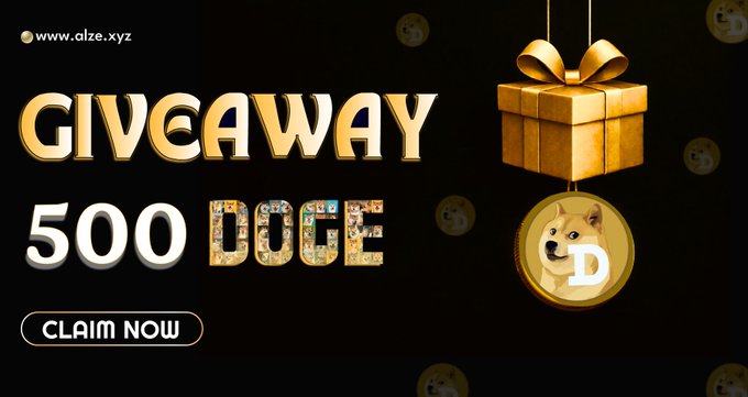 A promotional banner reading 'GIVEAWAY 500 DOGE' with a 'CLAIM NOW' button, featuring a golden gift box and Dogecoin logo from www.alze.xyz.