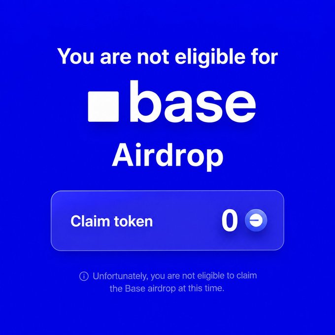 A screenshot showing a "You are not eligible for Base Airdrop" page with 0 tokens to claim. This relates to the post by suggesting the long-awaited BASE token airdrop remains elusive, with users finding themselves ineligible after years of supporting the ecosystem.