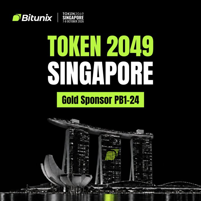 A promotional graphic for Token 2049 Singapore (1-2 October 2026) featuring Bitunix as Gold Sponsor PB1-24, with an image of Marina Bay Sands.