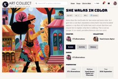 An Art Collect webpage featuring a colorful digital illustration titled "SHE WALKS IN COLOR" with a 37 ETH price tag, displayed in an artist's profile view.
