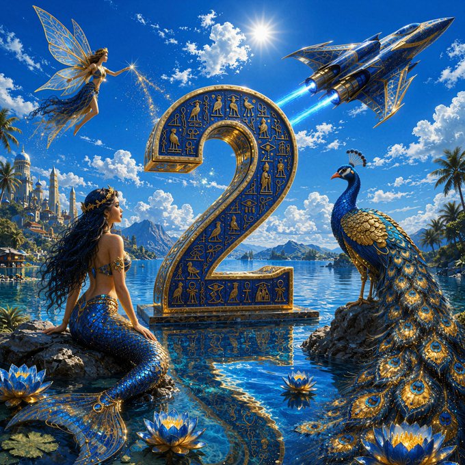 A fantasy digital artwork featuring a large ornate gold and blue number '2' with hieroglyphic-style figures, accompanied by a mermaid, a fairy, a spaceship, and a peacock in a tropical water setting.