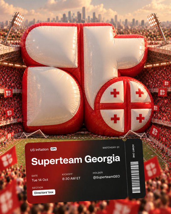 A digital event ticket for 'Superteam Georgia' against 'US Inflation CPI' on Tue 14 Oct at 8:30 AM ET, with the matchup rendered as giant inflatable letters in a stadium setting.