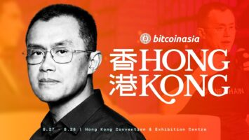The image is a promotional banner for "Bitcoin Asia Hong Kong," dated May 7-8, 2026, at the Hong Kong Convention & Exhibition Centre, featuring a man in glasses and a black shirt against an orange background. It relates to the post by advertising the Bitcoin Asia 2026 event where Anh Bằng shared insights about the transition from the gold system to a new financial trend, highlighting the narrowing market cap gap.