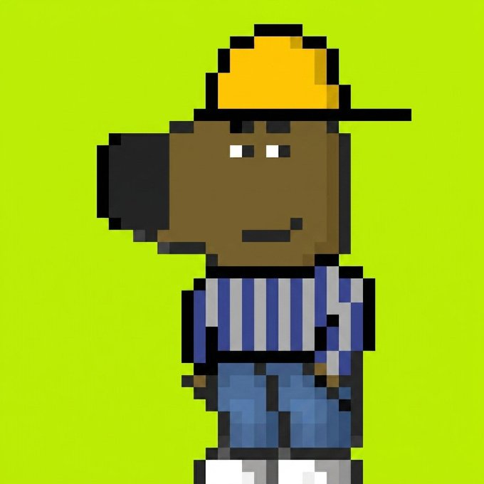 A pixel-art character with a large head wearing a yellow cap and blue striped shirt stands against a bright green background, representing the "Robin ChillGuy" NFT collection being given away for free mint on the Robinhood Chain.