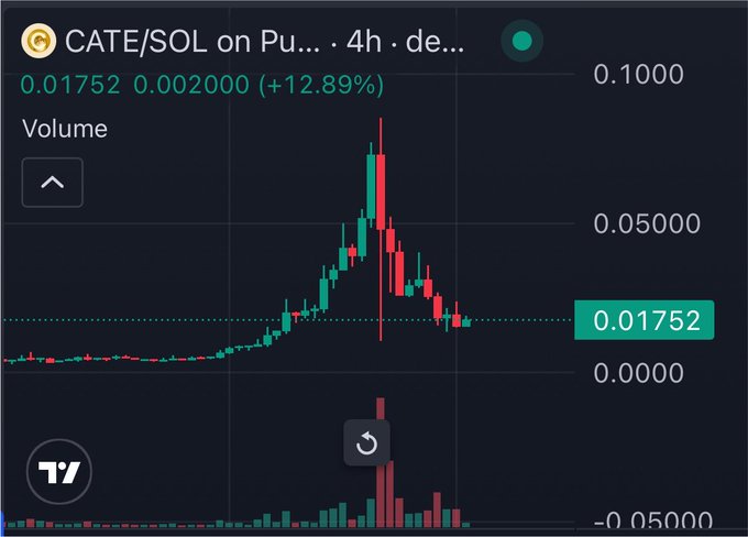 A TradingView candlestick chart for CATE/SOL on a 4-hour timeframe shows the price currently at 0.01752, up 12.89%, following a sharp spike that peaked near 0.07500 before retracing—supporting the post's bullish claim that CATE is poised to reclaim a higher market cap. The accompanying volume bars spike notably at the peak, reinforcing the strong momentum referenced in the "trust the process" commentary.