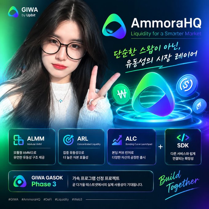A promotional poster for 'AmmoraHQ' (Liquidity for a Smarter Market) by GIWA featuring a young woman with glasses making a peace sign, with sections highlighting ALMM, ARL, ALC, SDK, and GIWA GASOK Phase 3.