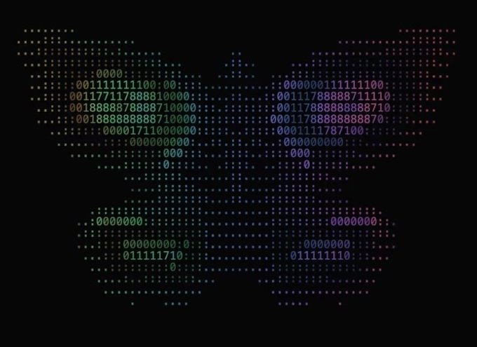 A digital art piece depicting a face made entirely of glowing colored binary code (0s and 1s) against a black background.