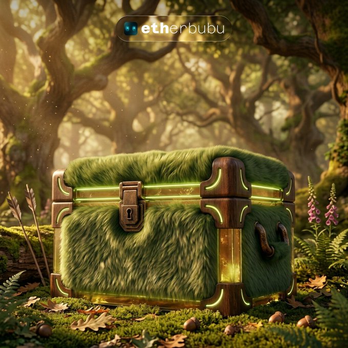 A moss-covered treasure chest with glowing green accents sits in a sunlit forest, embodying the hidden rewards awaiting participants in EtherBubu's Robinhood-chain giveaway contest.