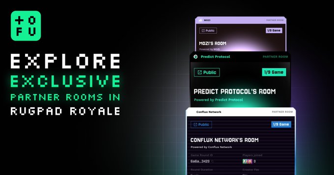A promotional graphic from OOFU advertising 'Explore Exclusive Partner Rooms in Rugpad Royale,' showcasing partner rooms like 'MOZI'S ROOM,' 'PREDICT PROTOCOL'S ROOM,' and 'CONFLUX NETWORK'S ROOM.'