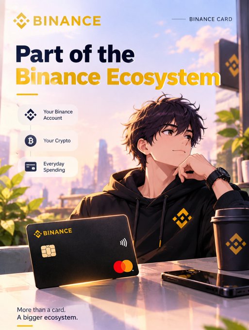 A Binance Card promotional image titled "Part of the Binance Ecosystem" featuring an anime-style young man at a cafe table with the Binance card, coffee cup, and smartphone, showing icons for "Your Binance Account," "Your Crypto," and "Everyday Spending."