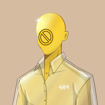 A stylized illustration of a yellow-skinned, bald humanoid figure with a prohibition symbol on its face, wearing a yellow shirt with '404' printed on it.