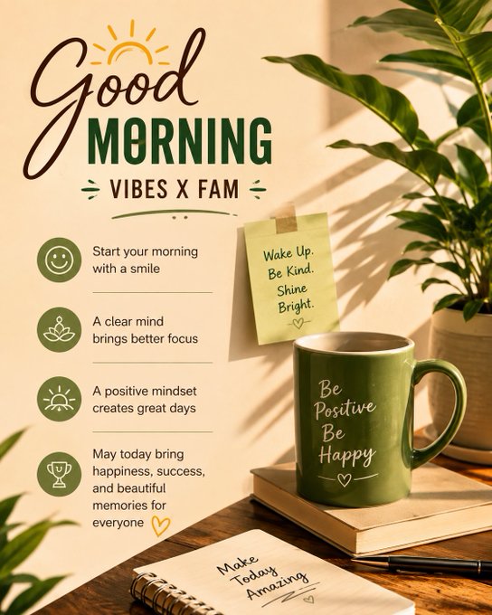 A Good Morning Vibes infographic with a green coffee mug reading "Be Positive Be Happy", sticky notes, and motivational tips like "Start your morning with a smile" and "A clear mind brings better focus" alongside potted plants.