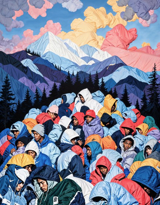A colorful, textured illustration depicting a crowd of people wearing vibrant hooded jackets, set against a backdrop of stylized mountains and pastel clouds.