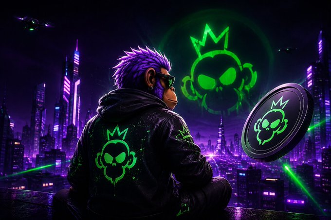 A stylized digital illustration of a figure with purple hair wearing a hoodie with a green skull logo, overlooking a neon city with a matching glowing skull emblem in the sky.