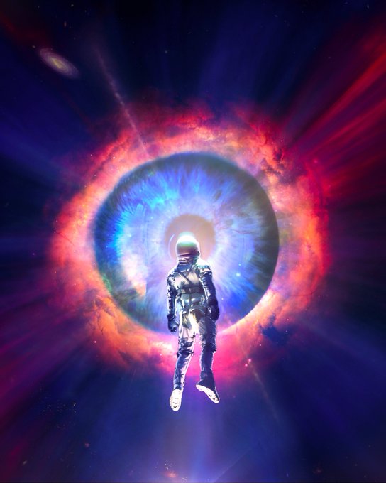 A digital artwork shows an astronaut floating in space in front of a vibrant, colorful cosmic portal or eye.