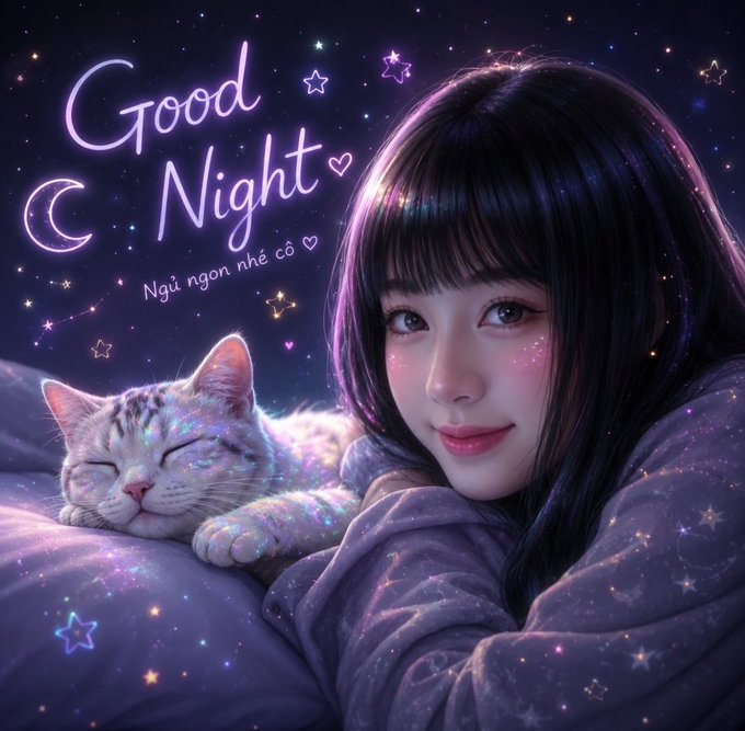 A young woman with dark hair and a peacefully sleeping cat rest on a pillow beneath a starry night sky, with "Good Night" and "Ngủ ngon nhé cô" written in glowing text. The image warmly illustrates the post's cozy Friday night message, evoking the dreamy, restful atmosphere it wishes upon the audience.